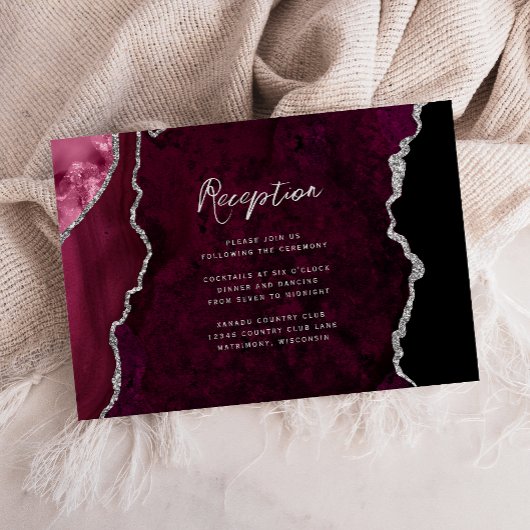 Burgundy Silver Agate Script Wedding Reception Informatiekaartje