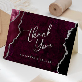 Burgundy Silver Agate Script Wedding Thank You Kaart