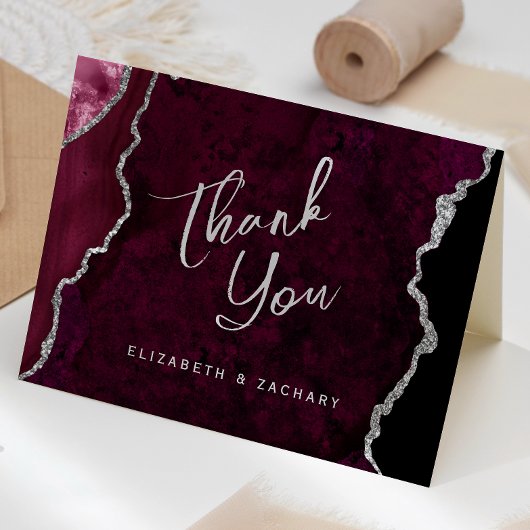 Burgundy Silver Agate Script Wedding Thank You Kaart