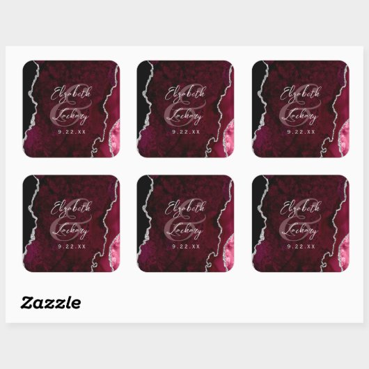 Burgundy Silver Agate Script Wedding Vierkante Sticker (Vel)