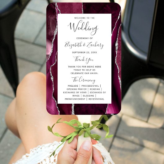 Burgundy Silver Agate Wedding Programme Handwaaier