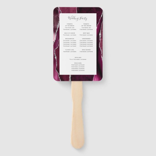 Burgundy Silver Agate Wedding Programme Handwaaier (Achterkant)