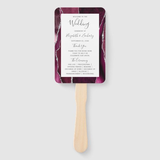 Burgundy Silver Agate Wedding Programme Handwaaier (Voorkant)