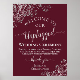 Burgundy & Silver Chic Unplugged Wedding Ceremony Poster