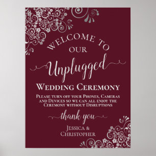 Burgundy & Silver Chic Unplugged Wedding Ceremony Poster
