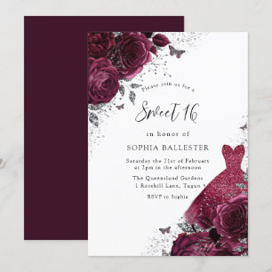 Burgundy Silver Dress & Floral Rozen Sweet 16 Kaart