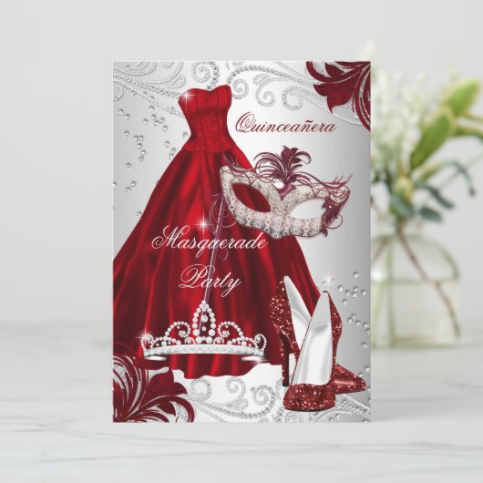 Burgundy Silver Dress masquerade Quinceanera mask Kaart (Staand voorkant)