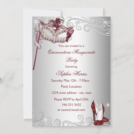 Burgundy Silver Dress masquerade Quinceanera mask Kaart (Achterkant)