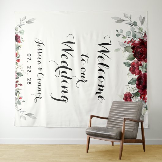 Burgundy Silver Eucalyptus Welkom op ons huwelijk Wandkleed (In Situ (horizontaal))