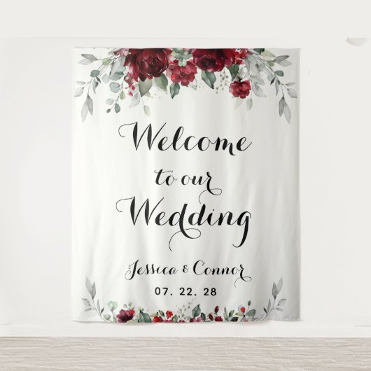 Burgundy Silver Eucalyptus Welkom op ons huwelijk Wandkleed (Voorkant)