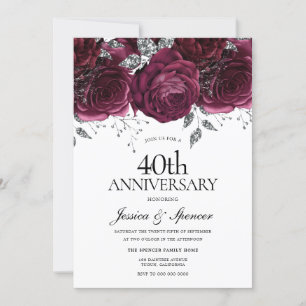 Burgundy & Silver Floral 40th Wedding Jubileum Kaart