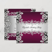 Burgundy Silver Floral Black Birthday Party Kaart (Voorkant / Achterkant)