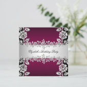 Burgundy Silver Floral Black Birthday Party Kaart (Staand voorkant)