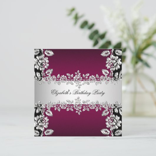 Burgundy Silver Floral Black Birthday Party Kaart (Staand voorkant)
