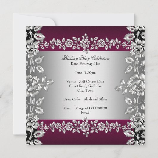 Burgundy Silver Floral Black Birthday Party Kaart (Achterkant)