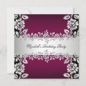 Burgundy Silver Floral Black Birthday Party Kaart (Voorkant)