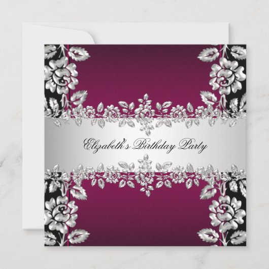 Burgundy Silver Floral Black Birthday Party Kaart (Voorkant)
