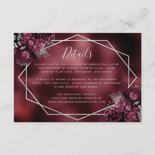 Burgundy Silver Floral Lijst Wedding Details Informatiekaartje (Voorkant)