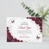 Burgundy Silver Floral Quinceanera Bedankkaart (Staand voorkant)