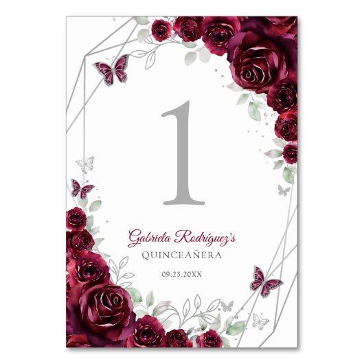 Burgundy Silver Floral Quinceanera Kaart (Voorkant)