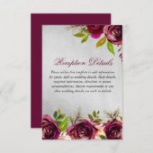 Burgundy Silver Floral Wedding Reception details Kaart (Voorkant / Achterkant)