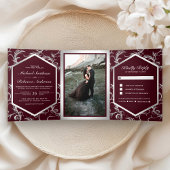 Burgundy Silver Flourish Swirl Wedding Photo Drieluik Uitnodiging
