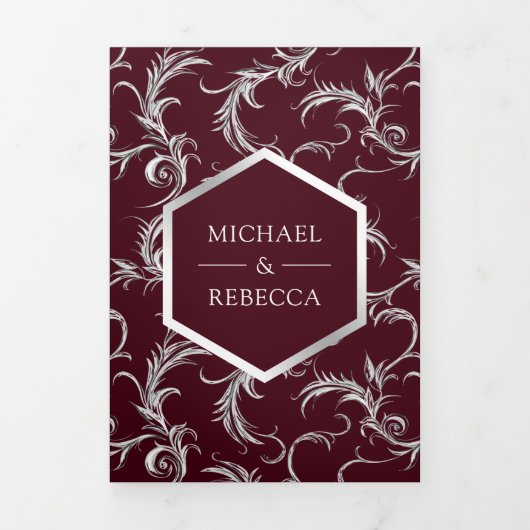 Burgundy Silver Flourish Swirl Wedding Photo Drieluik Uitnodiging (Cover)