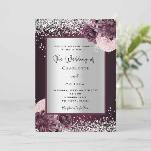 Burgundy Silver Foral elegant bruiloft Kaart (Staand voorkant)