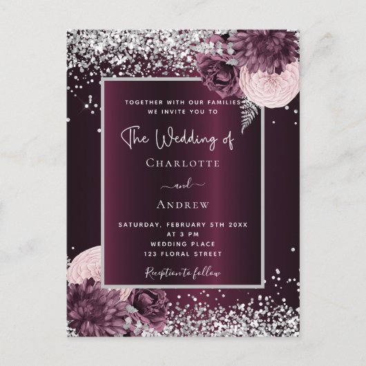 Burgundy Silver Foral Elegant bruiloft Uitnodiging Briefkaart (Voorkant)