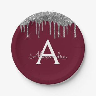 Burgundy Silver Glitter Monogram Birthday Papieren Bordje