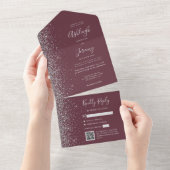 Burgundy Silver Glitter QR Code Wedding All In One Uitnodiging (Afscheurbaar)