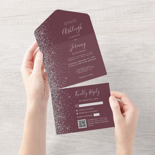Burgundy Silver Glitter QR Code Wedding All In One Uitnodiging (Afscheurbaar)