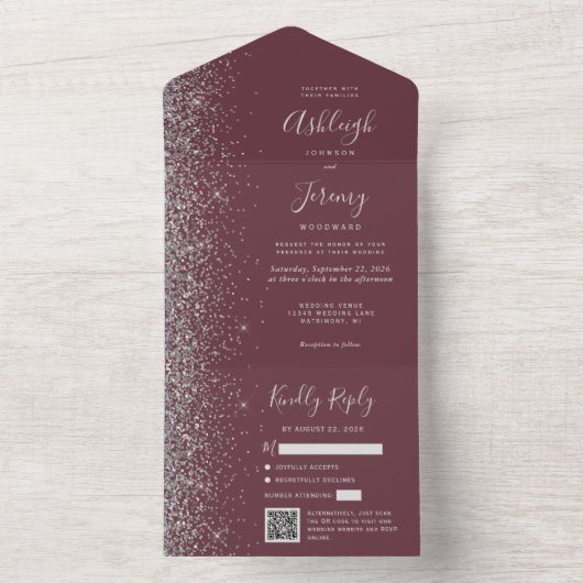 Burgundy Silver Glitter QR Code Wedding All In One Uitnodiging (Binnen)