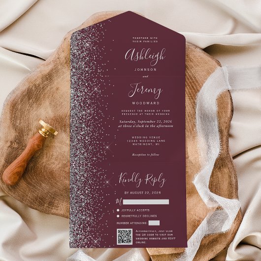 Burgundy Silver Glitter QR Code Wedding All In One Uitnodiging