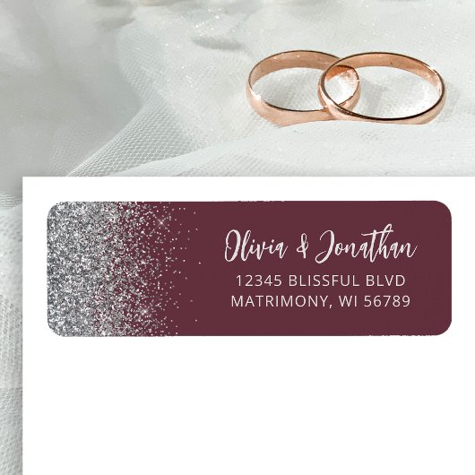Burgundy Silver Glitter Wedding Return Address Etiket