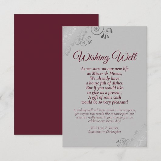 Burgundy & Silver Gray Wedding Wishing Well Poem Informatiekaartje (Voorkant / Achterkant)