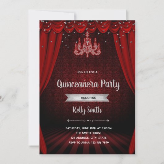 Burgundy Silver masquerade Quinceanera nodigen Kaart (Voorkant)