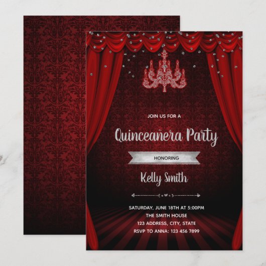 Burgundy Silver masquerade Quinceanera nodigen Kaart (Voorkant / Achterkant)
