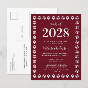 Burgundy Silver Paw-Afstuderen Uitnodiging Briefkaart