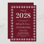 Burgundy Silver Paw Prints Afstuderen Invitation Kaart (Voorkant / Achterkant)