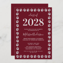 Burgundy Silver Paw Prints Afstuderen Invitation