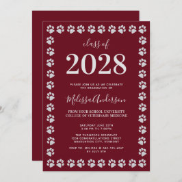 Burgundy Silver Paw Prints Afstuderen Invitation Kaart