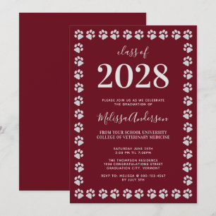 Burgundy Silver Paw Prints Afstuderen Invitation Kaart