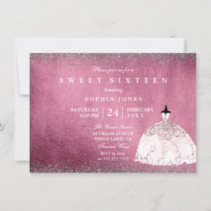 Burgundy Silver Roos Gold Pink Sweet 16 Invite Kaart