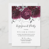 Burgundy & Silver Sparkle Floral Engagement Party Kaart (Voorkant)