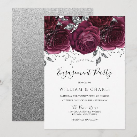 Burgundy & Silver Sparkle Floral Engagement Party Kaart (Voorkant / Achterkant)