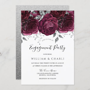 Burgundy & Silver Sparkle Floral Engagement Party Kaart