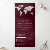 Burgundy Silver World Map All in One Wedding Drieluik Uitnodiging (Binnen)