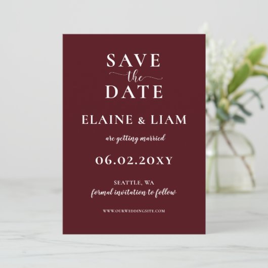 Burgundy Simple Calligraphy Modern Save the Date (Staand voorkant)