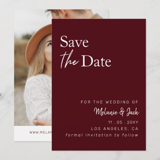Burgundy Simple Calligraphy Photo Save the Date (Voorkant / Achterkant)